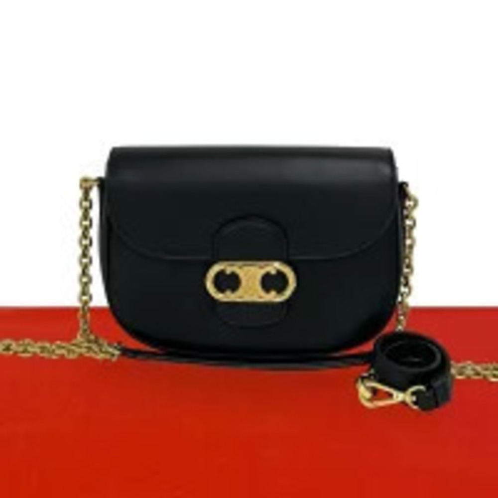Celine Maillon Triomphe Leather Chain Shoulder Bag Handbag Black